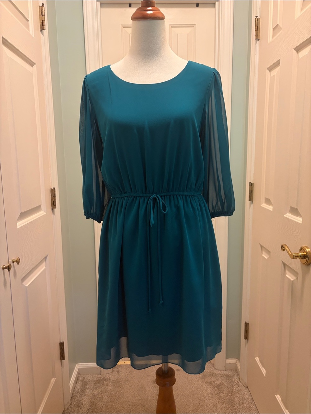 Enfocus Studio Emerald green-teal Chiffon Drawstring Waist Long Sleeve Dress
